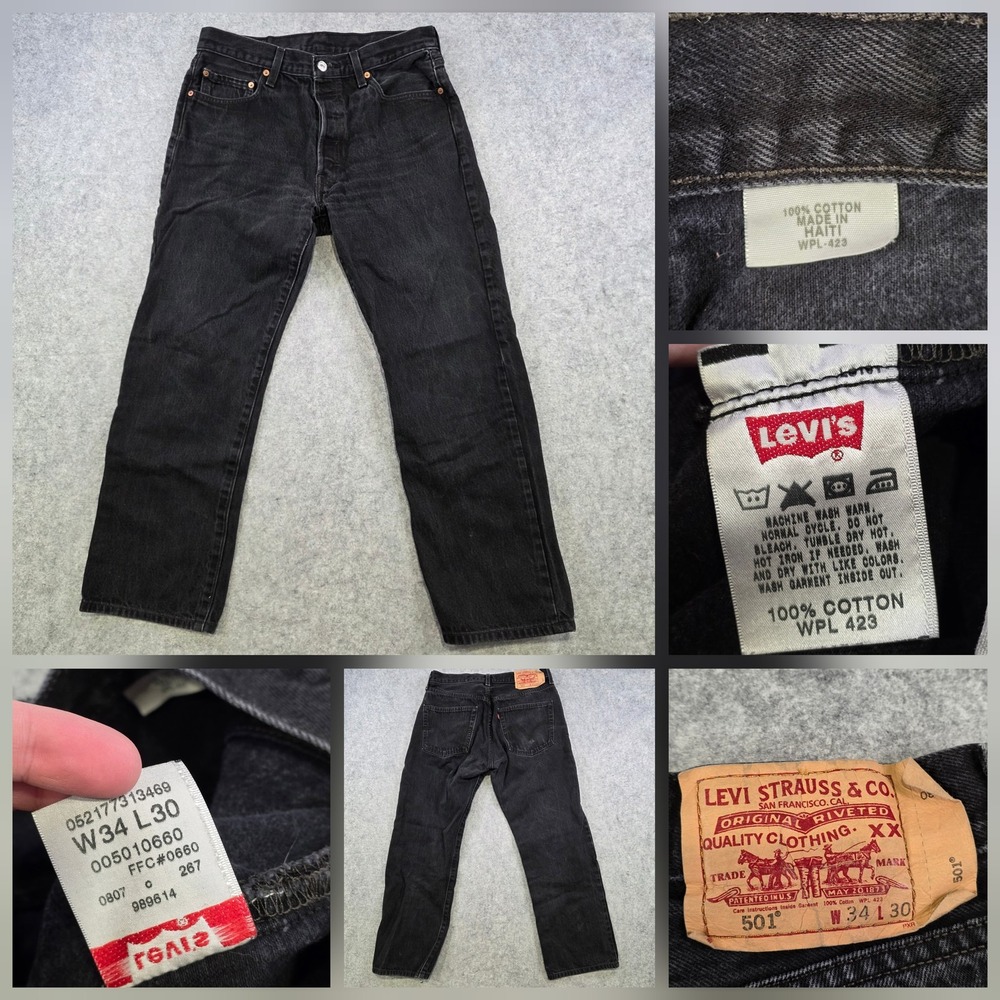 Levis 501 XX Jeans Mens 34x30 Black Button Fly Straight Leg Dark Denim Pants